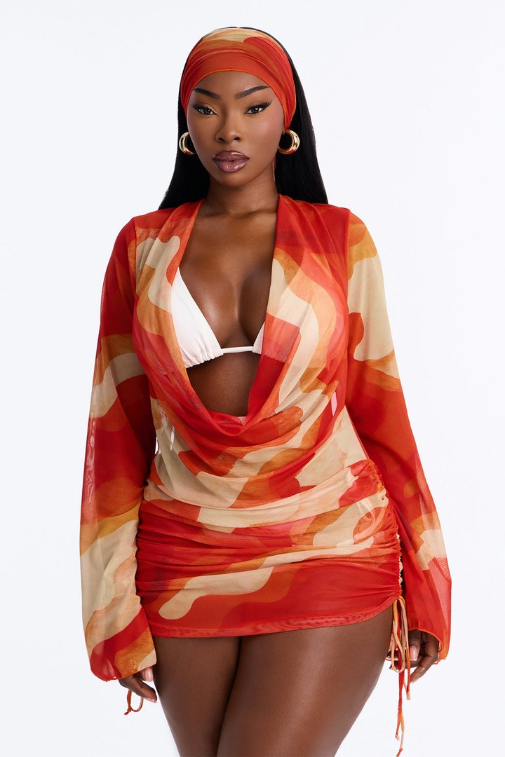 On Miami Time Mesh Long Sleeve Cover Up Dress & Headwrap - Orange/combo