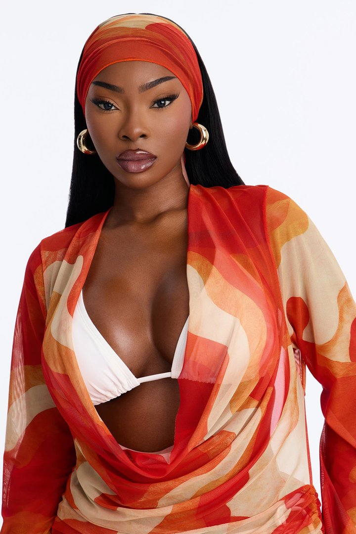 On Miami Time Mesh Long Sleeve Cover Up Dress & Headwrap - Orange/combo