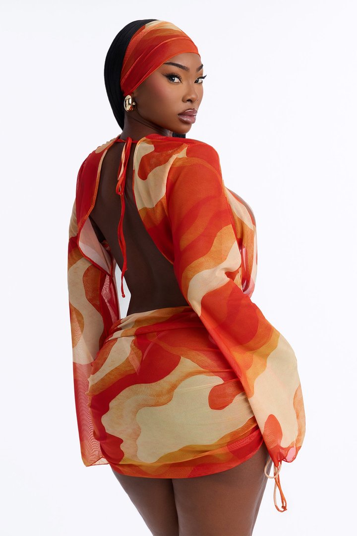On Miami Time Mesh Long Sleeve Cover Up Dress & Headwrap - Orange/combo