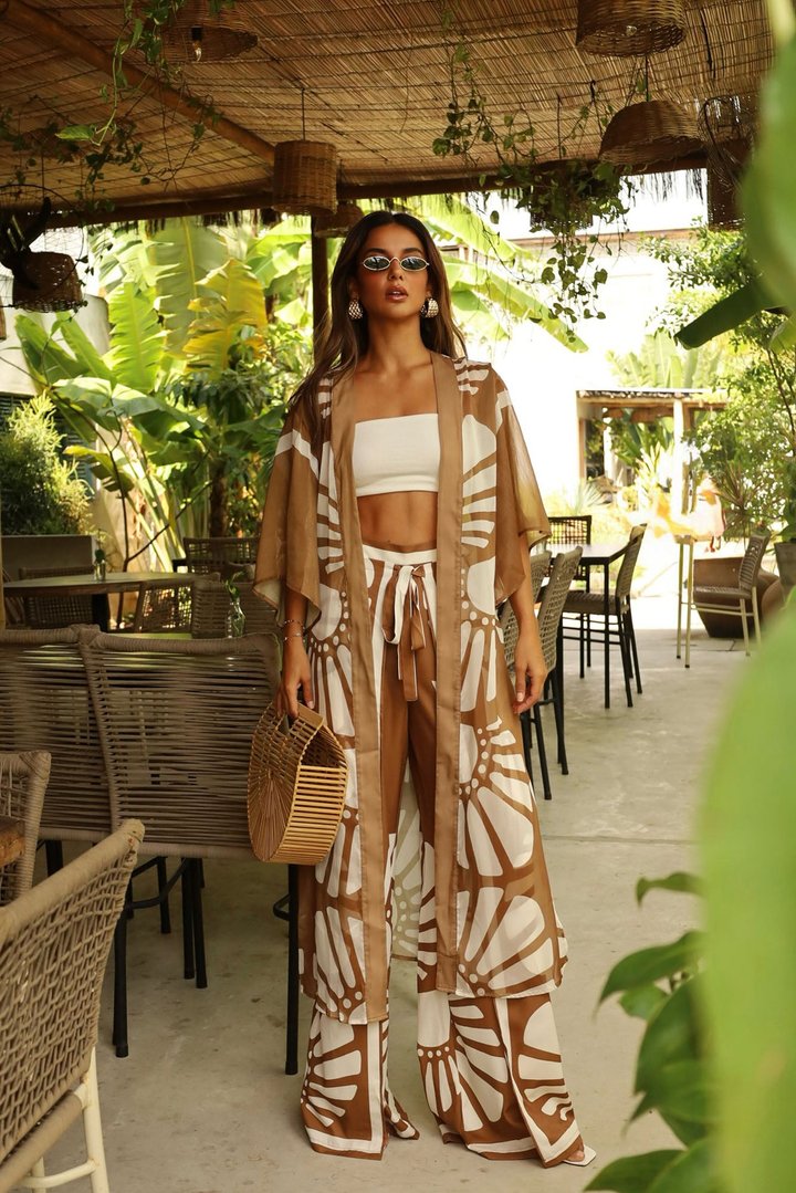 Secret Solace Kimono Pant Set - Brown/combo