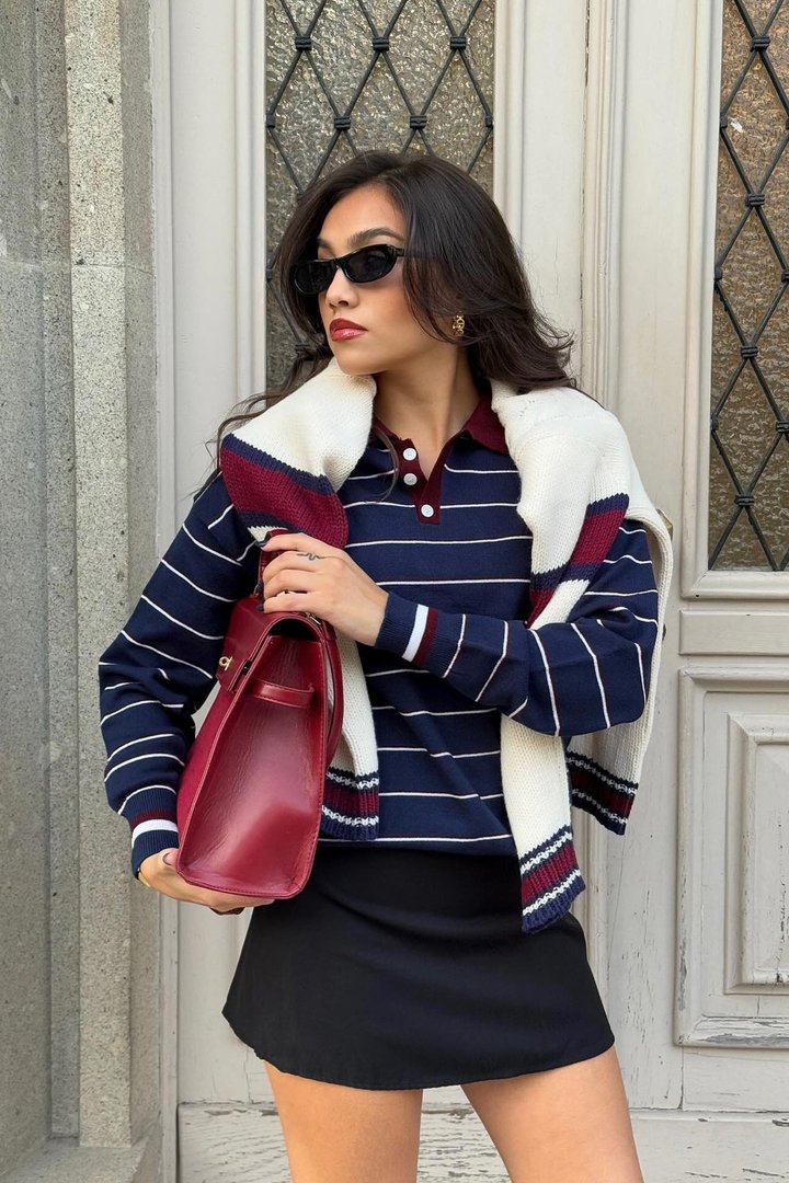 Living In Stripes Polo Sweater - Navy/Red