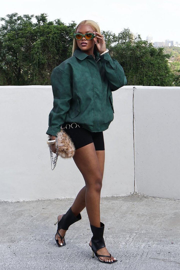 Alexis Washed Faux Leather Bomber Jacket - Hunter Green