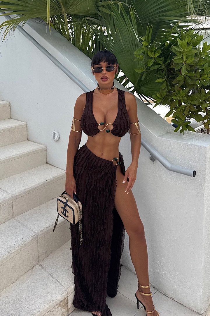 Oceanfront Elegance Maxi Skirt Set - Brown