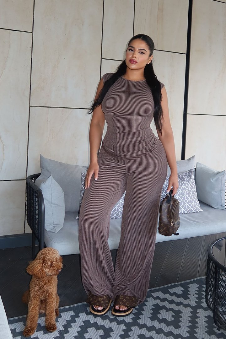 Amaya Ribbed Pant Set - Brown
