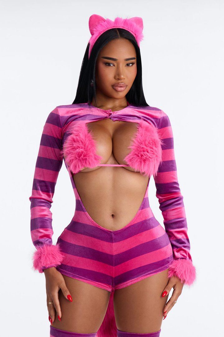 Sexy Wonderland Cheshire Cat 4 Piece Costume Set - Pink/combo