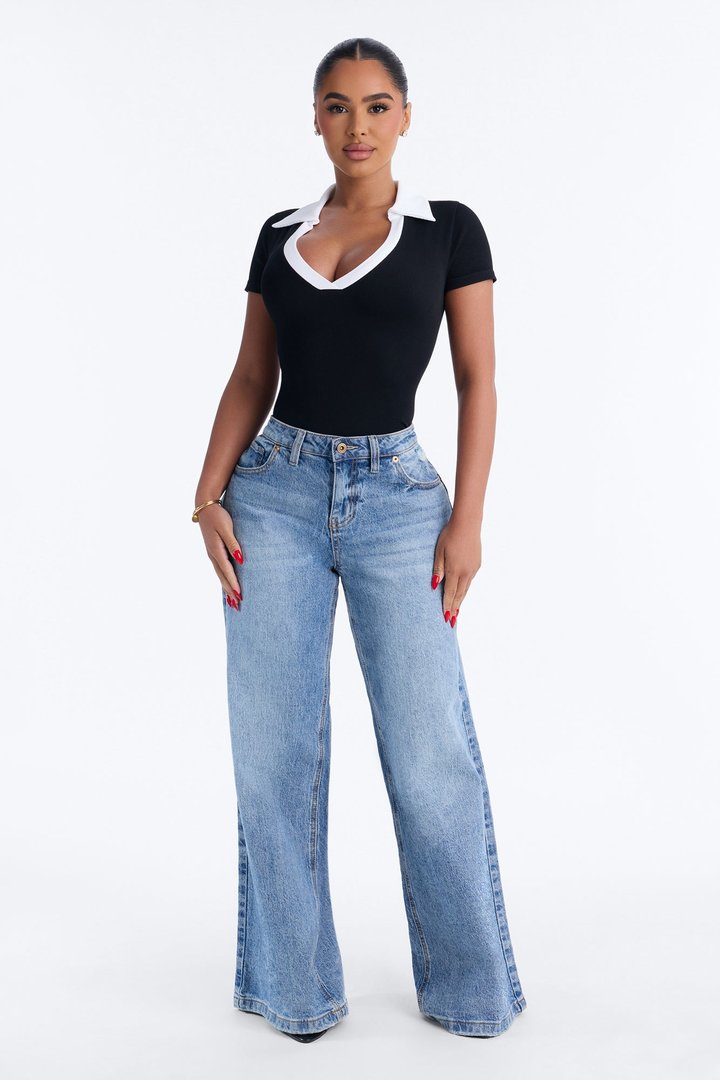 Shani Ribbed Collared Short Sleeve Bodysuit - Black/combo