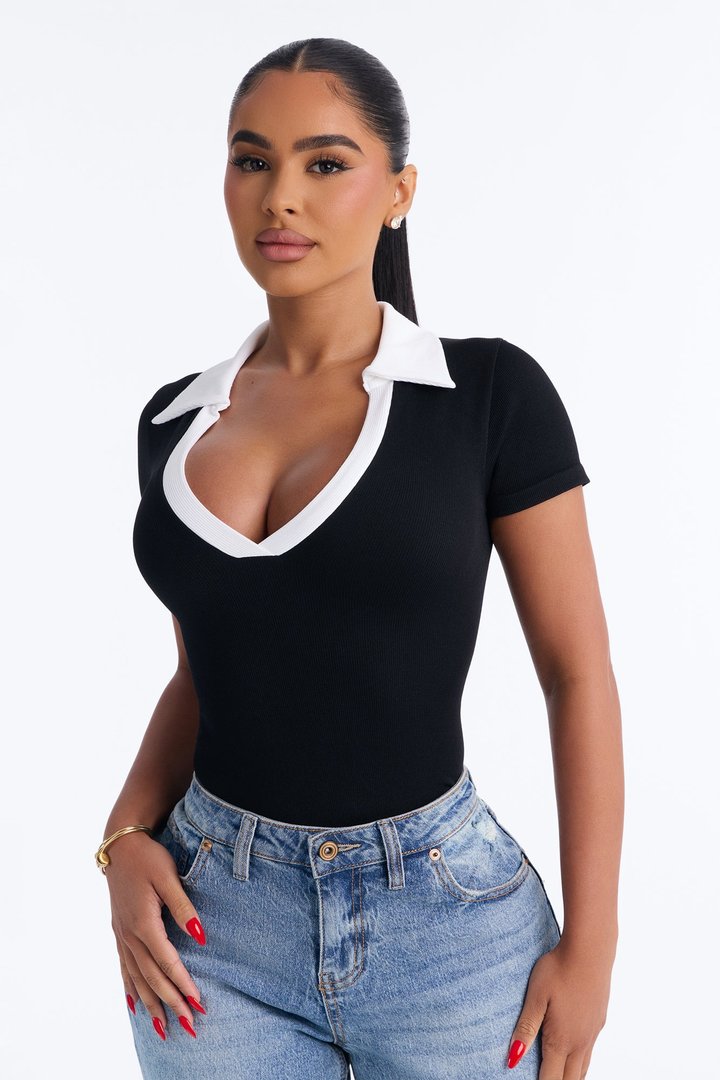 Shani Ribbed Collared Short Sleeve Bodysuit - Black/combo