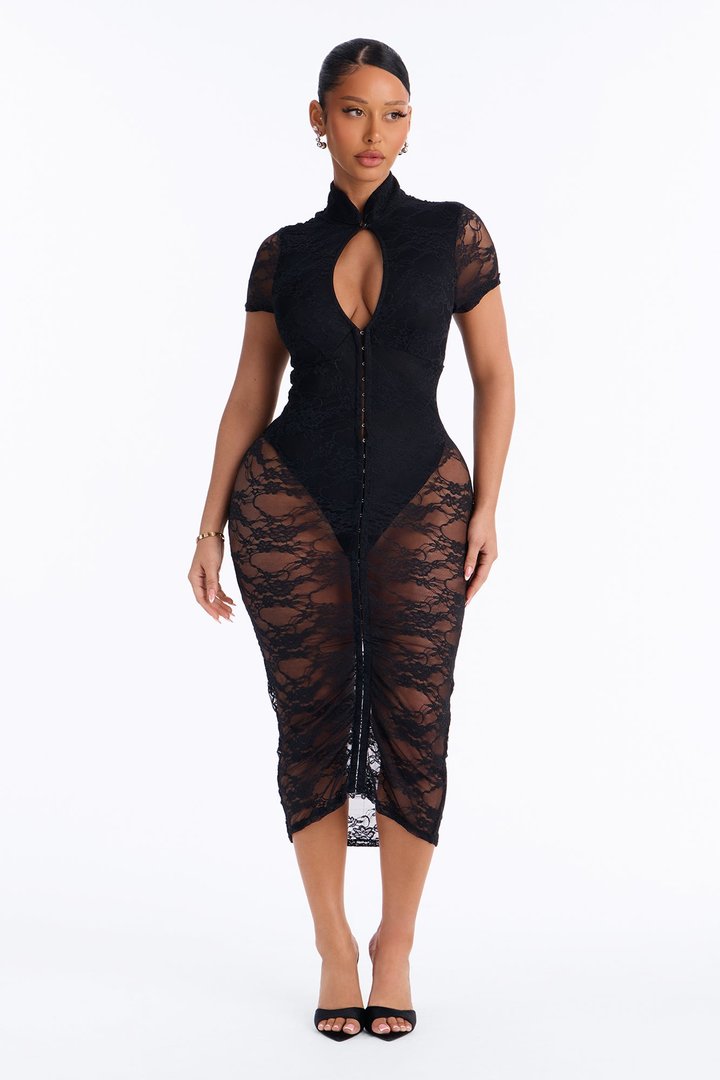 Lucky For You Short Sleeve Lace Midi Dress - Black