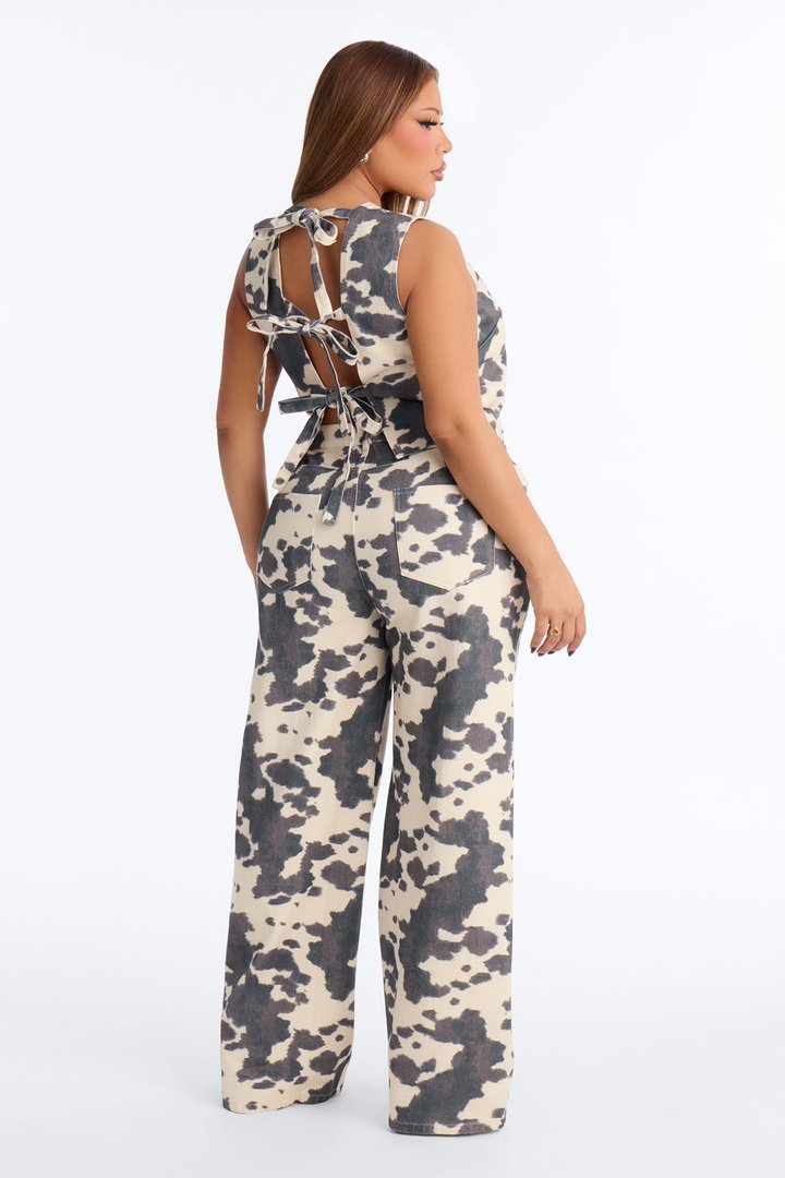 Maya Cow Print Denim Pant Set - Brown/combo
