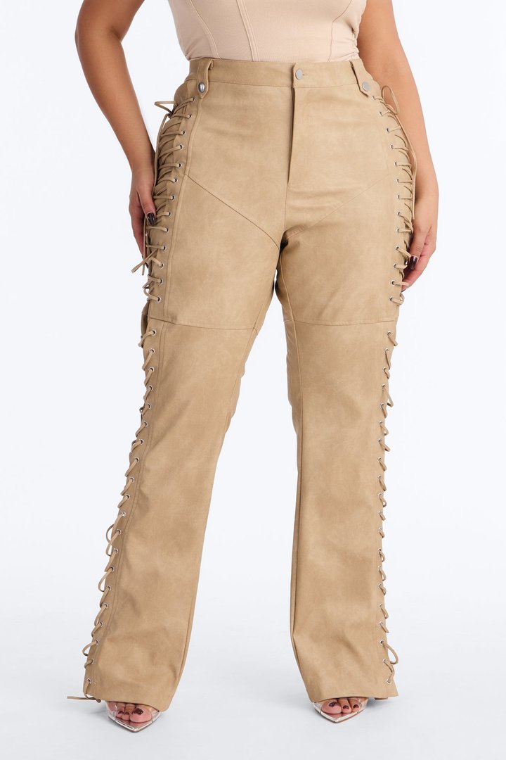 After Hours Faux Leather Lace Up Flare Pant 33″ - Taupe