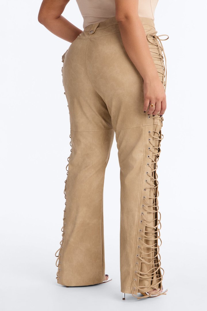 After Hours Faux Leather Lace Up Flare Pant 33″ - Taupe