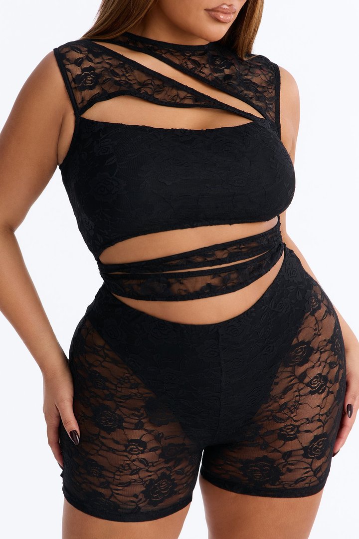 Late Night Drinks Lace Romper - Black