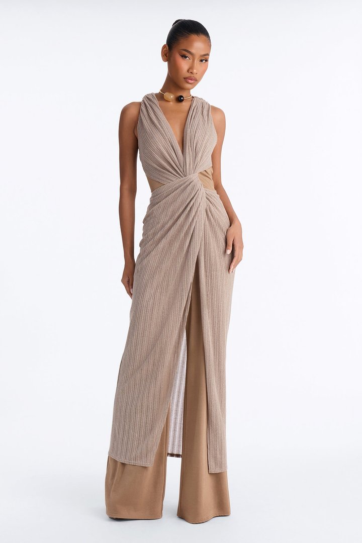 Naomi Metallic Draped Wide Leg Jumpsuit - Champagne