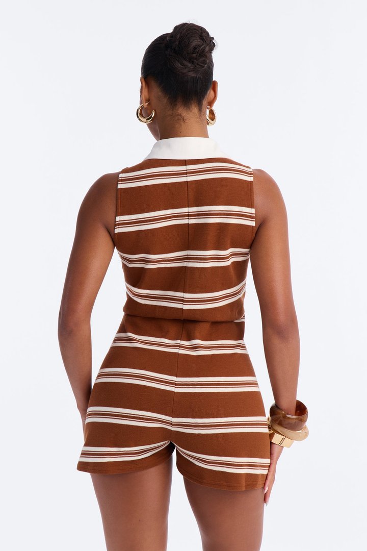 Cleo Polo Striped Sleevless Romper - Brown