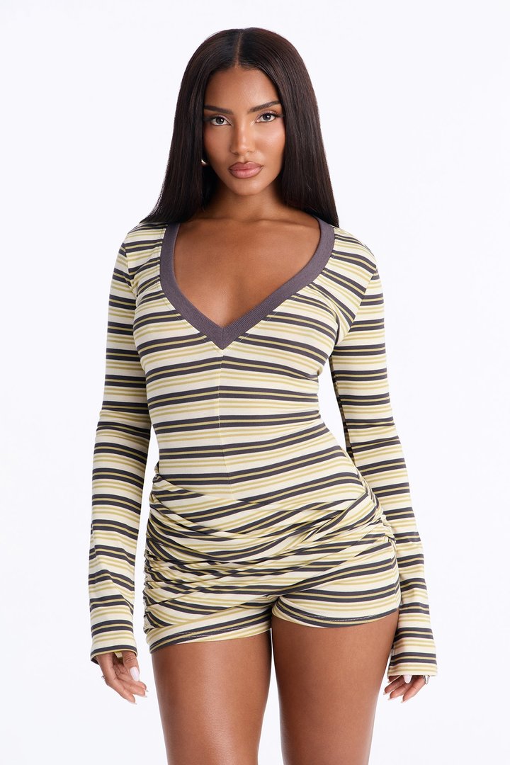 Downtown Stripes Wrap Skirt Romper - Green/combo