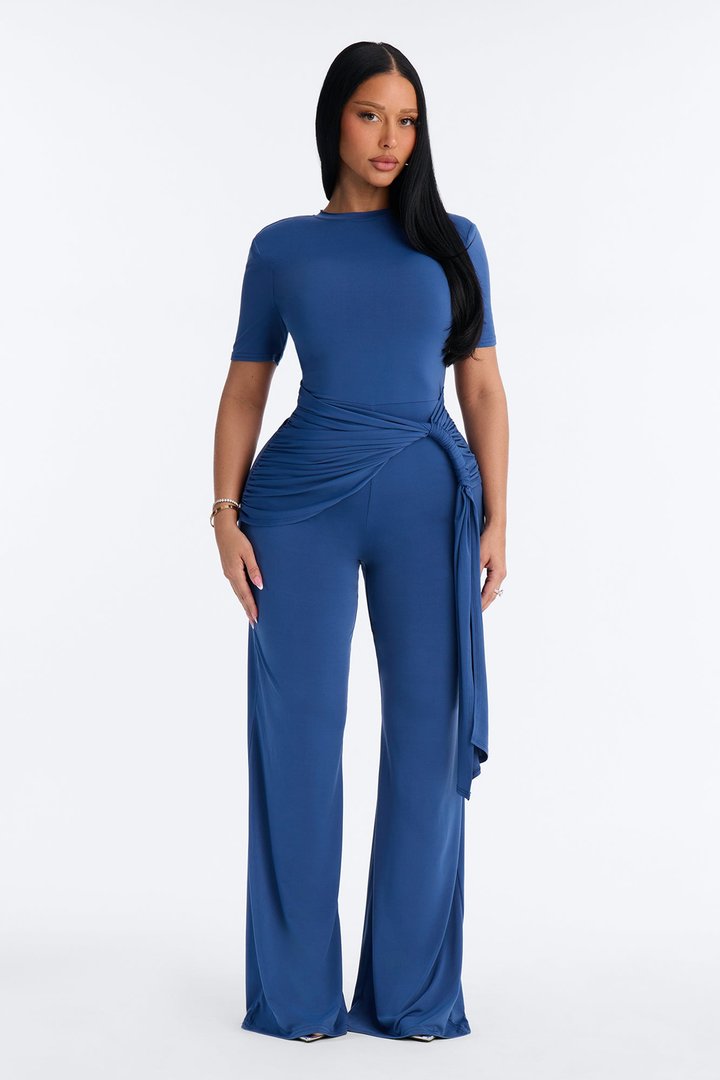 Modern Grace Draped Wide Leg Jumpsuit - Navy