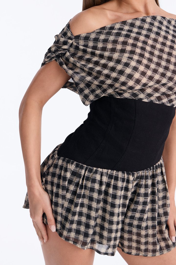 Kiss Me Quick Gingham One Shoulder Flowy Short Romper - Black
