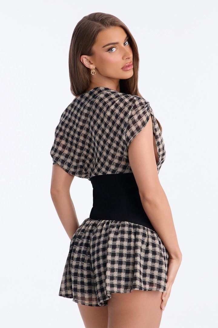 Kiss Me Quick Gingham One Shoulder Flowy Short Romper - Black