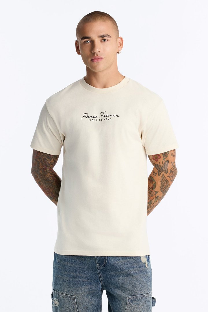 Paris France Cafe De Reve Oversized Short Sleeve Tee - Natural