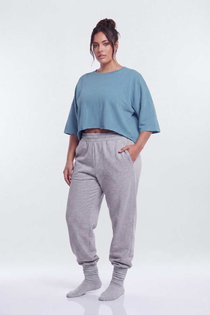 Cotton Jersey Oversized Stitched Short Sleeve Top - Soft Indigo