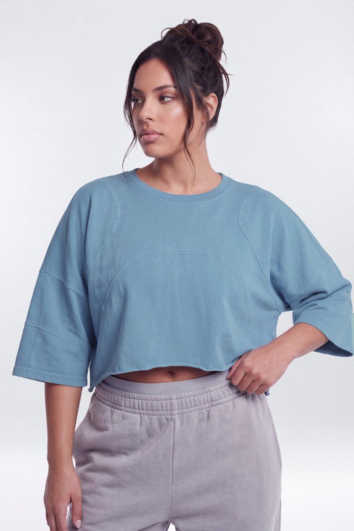 Cotton Jersey Oversized Stitched Short Sleeve Top - Soft Indigo