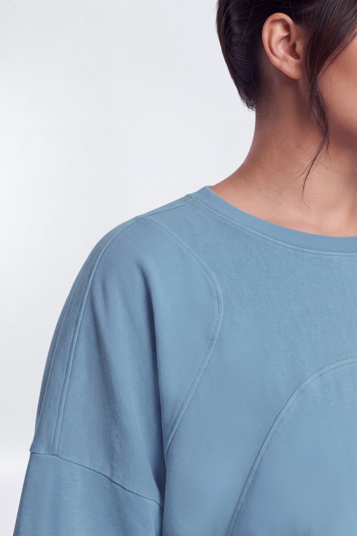 Cotton Jersey Oversized Stitched Short Sleeve Top - Soft Indigo