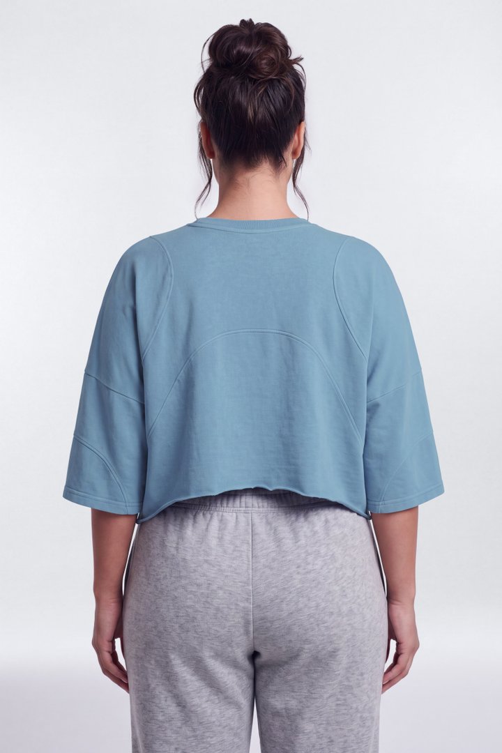 Cotton Jersey Oversized Stitched Short Sleeve Top - Soft Indigo