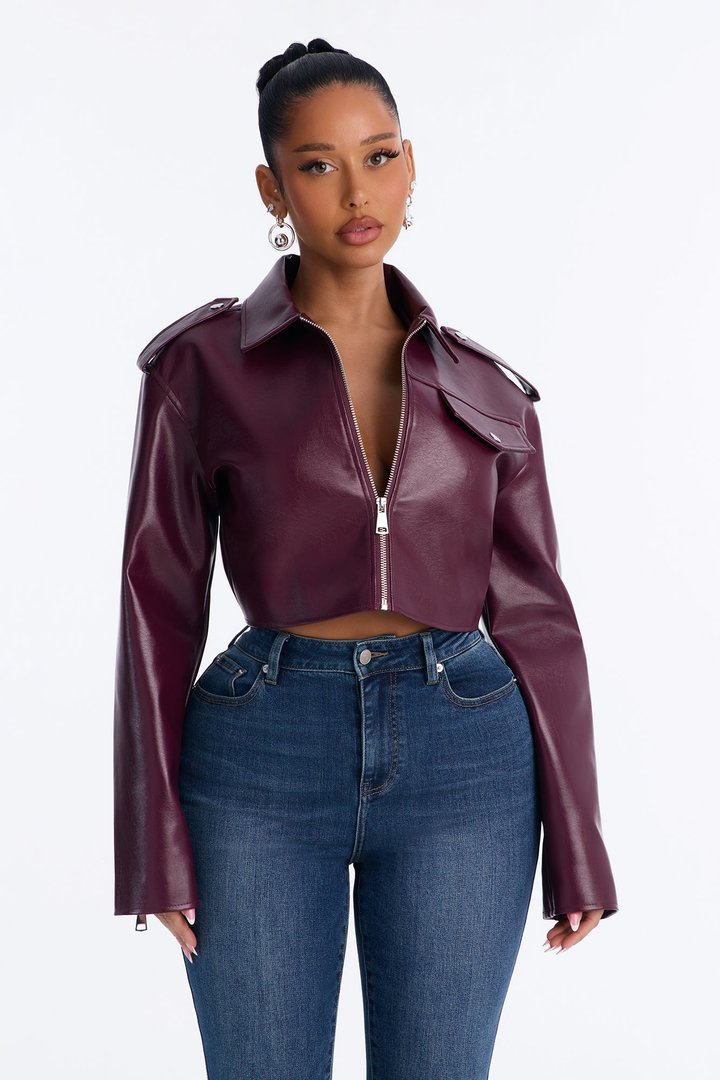 Alexis Cropped Moto Jacket - Burgundy