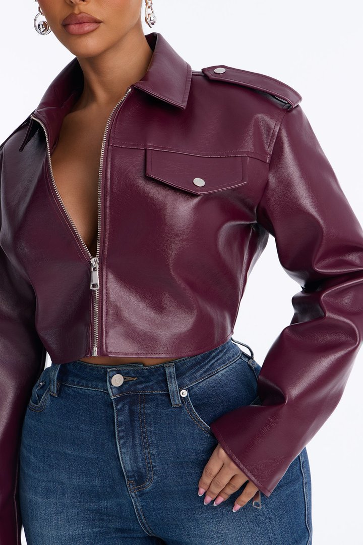 Alexis Cropped Moto Jacket - Burgundy