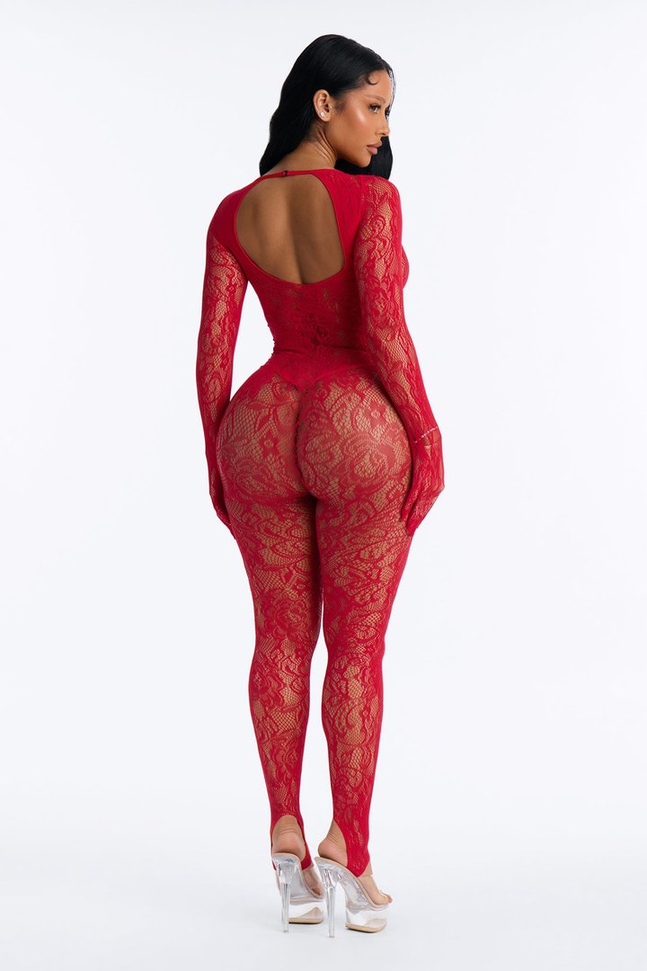 Playing Games Lace Jumpsuit Bodystocking - Red