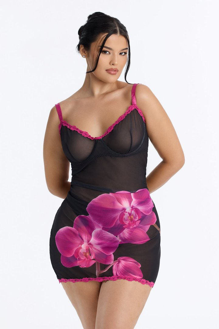 Jungle Blossom Floral Mesh Chemise - Fuchsia/combo