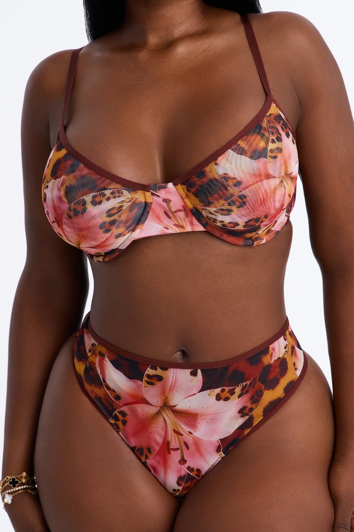 Shadow Blossom Floral Leopard Mesh 2 Piece Bra & Panty Set - Brown/combo