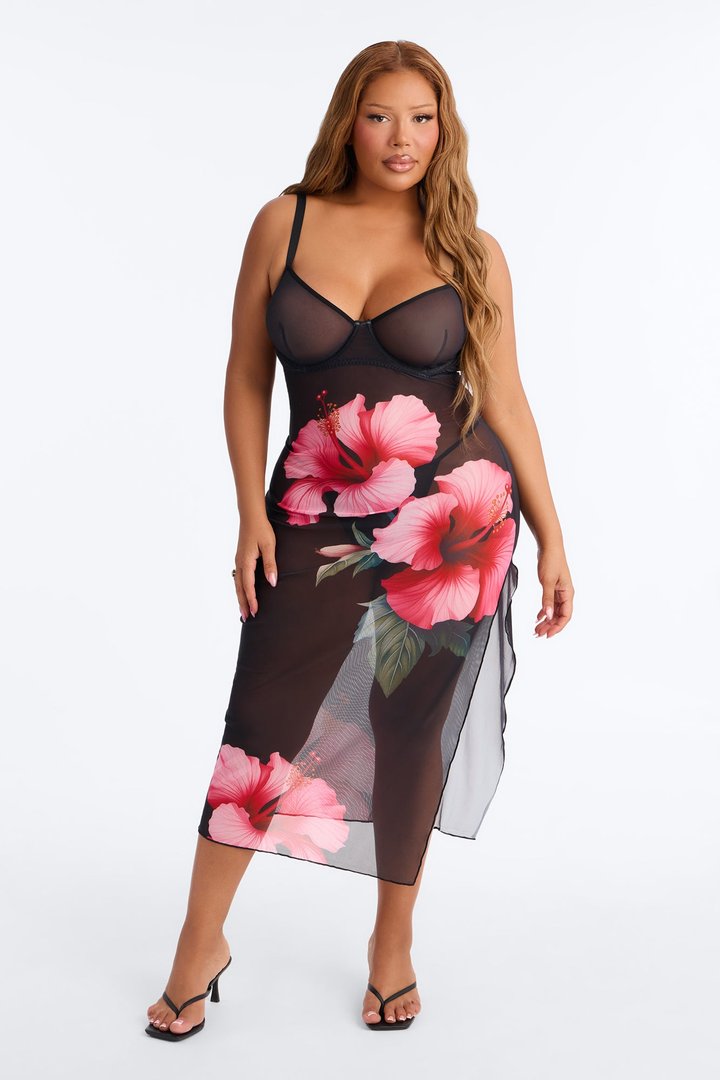 Hibiscus Bliss Mesh Floral Midi Chemise & Thong - Black/combo