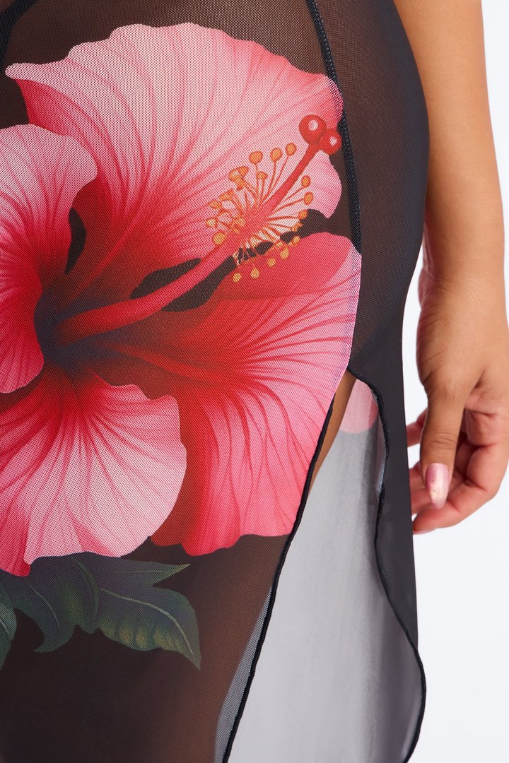 Hibiscus Bliss Mesh Floral Midi Chemise & Thong - Black/combo