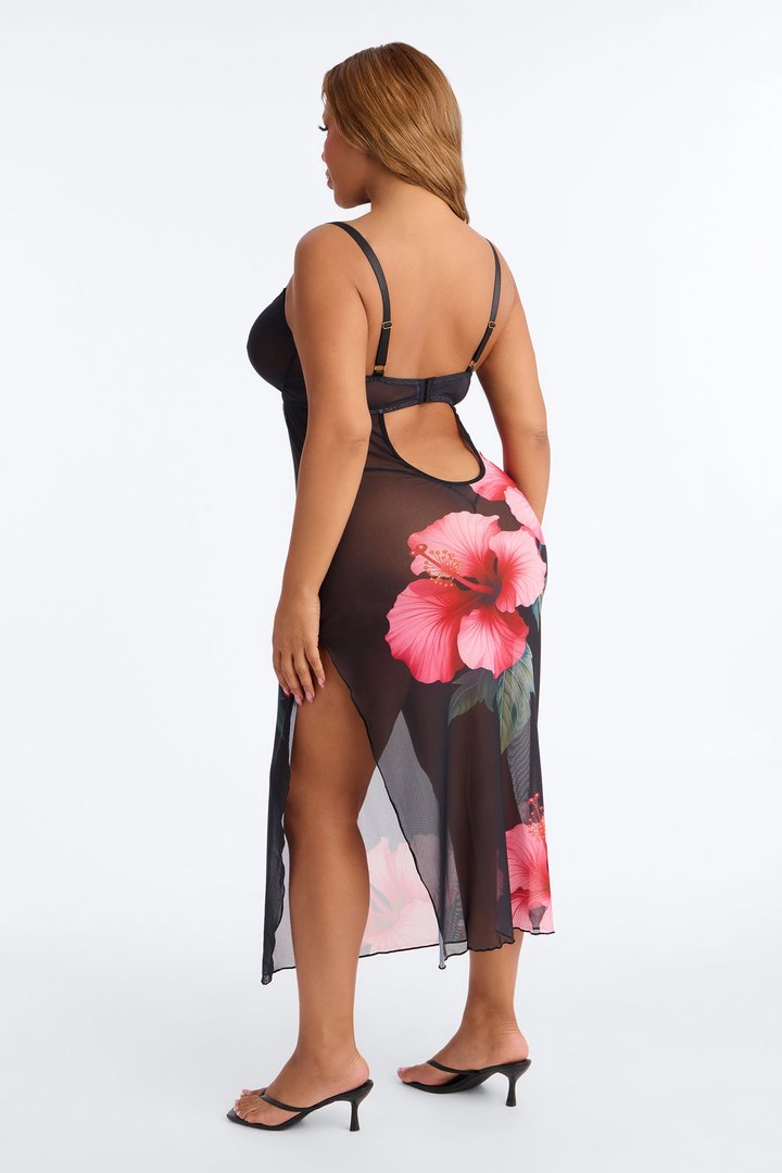Hibiscus Bliss Mesh Floral Midi Chemise & Thong - Black/combo