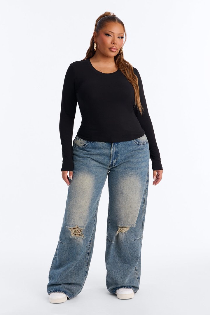 Elise Round Neck Long Sleeve Top - Black