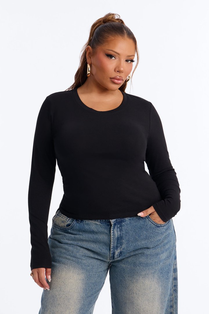 Elise Round Neck Long Sleeve Top - Black