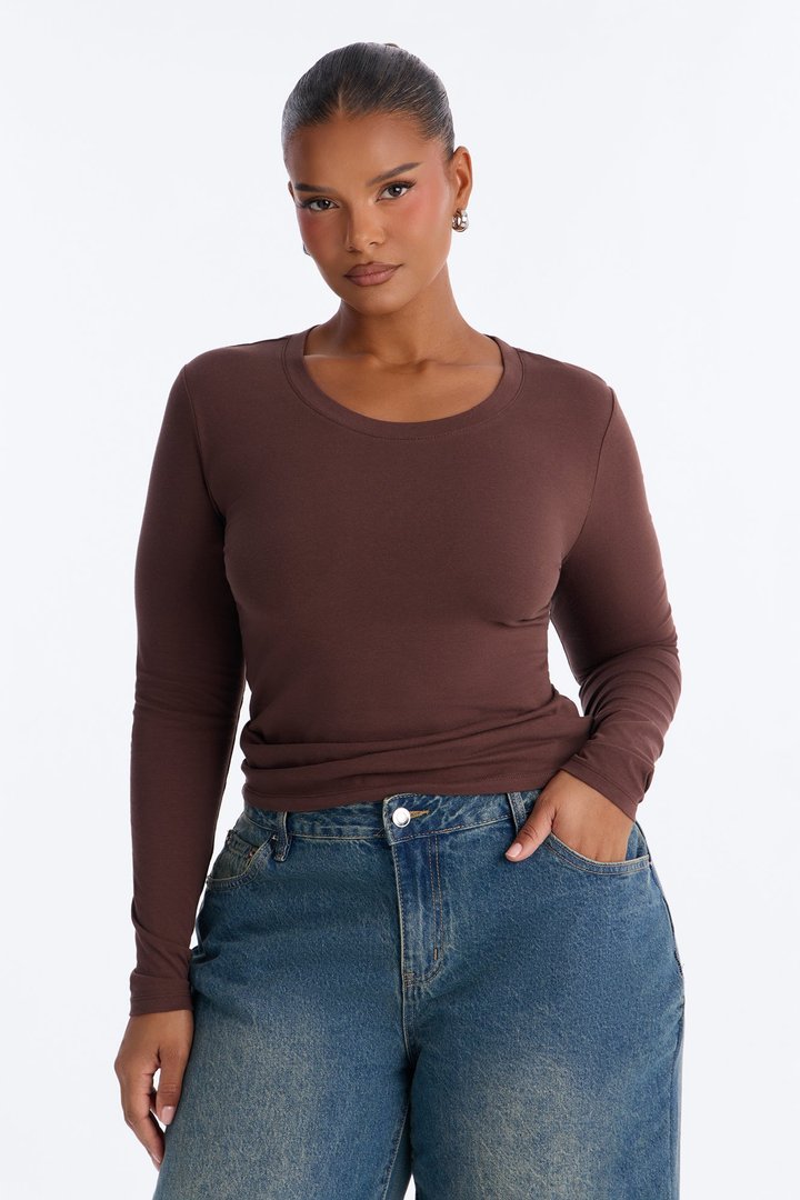 Elise Round Neck Long Sleeve Top - Mocha