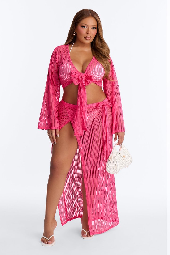 Island Breeze Crochet Fishnet Cover Up Sarong Skirt Set - Hot Pink