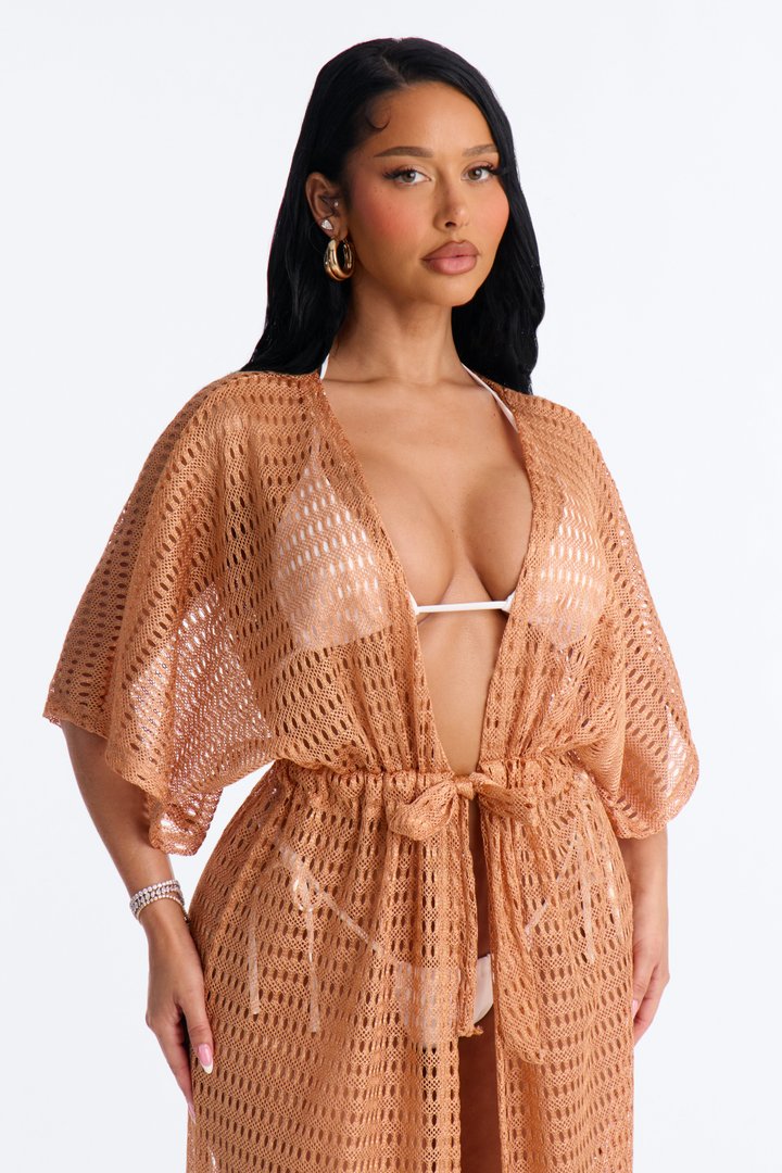 Sunny Shores Metallic Cover Up Maxi Kimono - Bronze