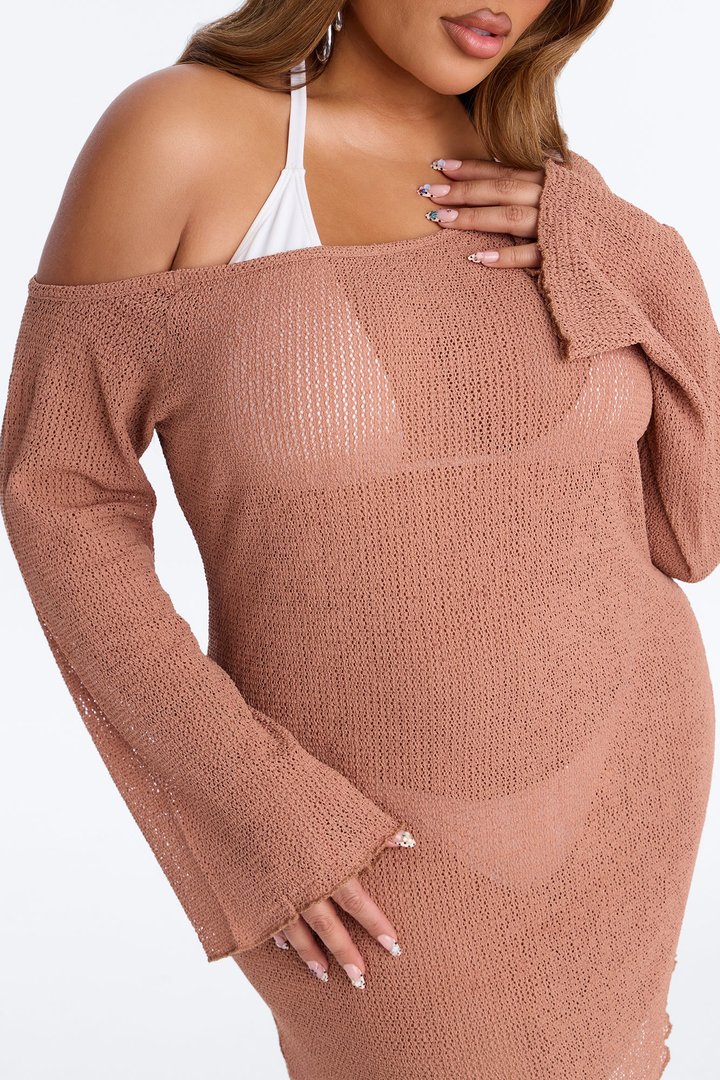 Ocean Breeze Knit Off Shoulder Cover Up Dress - Mocha