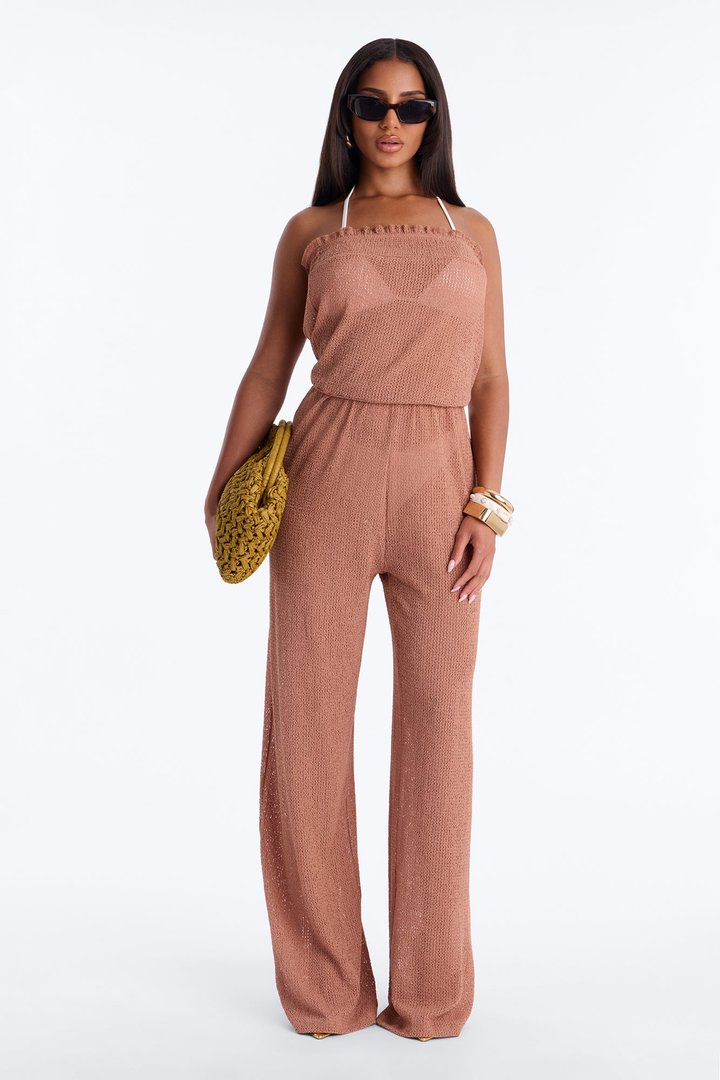 Ocean Breeze Knit Strapless Cover Up Jumpsuit - Mocha