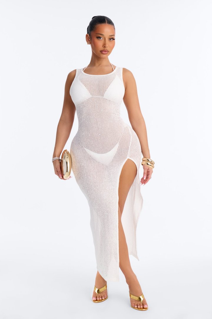Ocean Breeze Knit Slit Cover Up Maxi Dress - White