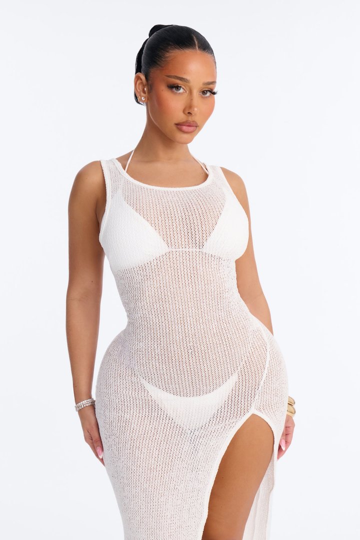 Ocean Breeze Knit Slit Cover Up Maxi Dress - White