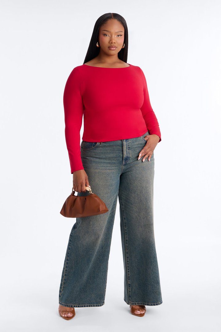 Mallory Long Sleeve Boat Neck Baby Tee - Red
