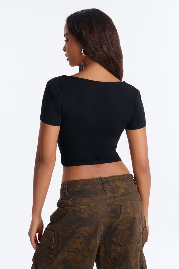 Sophia Double Layer V Neck Baby Tee - Black