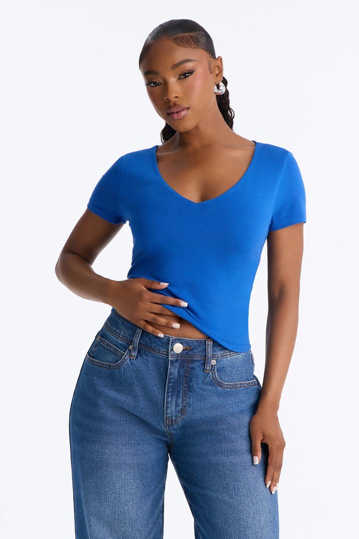 Sophia Double Layer V Neck Baby Tee - Blue