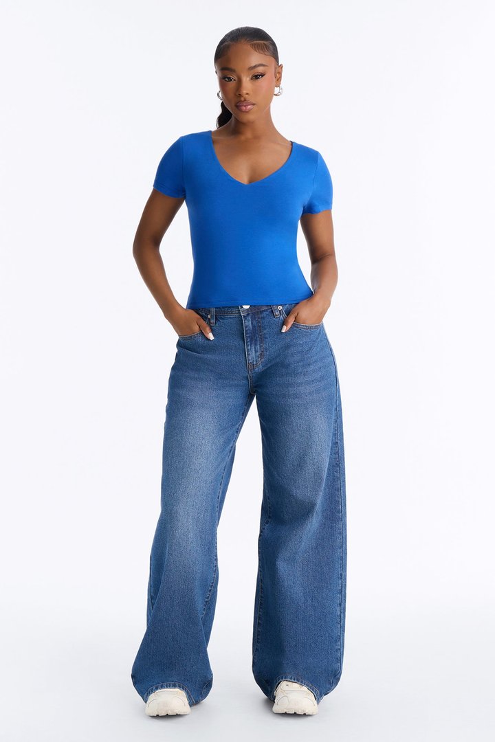 Sophia Double Layer V Neck Baby Tee - Blue