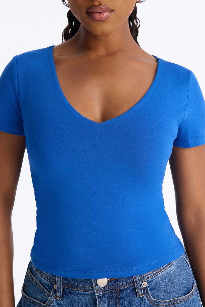 Sophia Double Layer V Neck Baby Tee - Blue