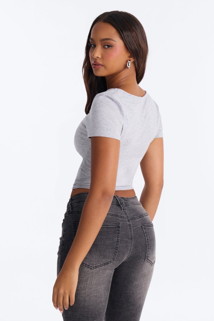 Sophia Double Layer V Neck Baby Tee - Heather Grey